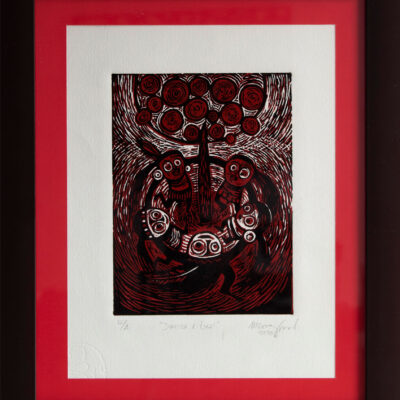 Tribal Dance Artwork: Characters in a Circle Holding Hands Around a Tree. Naive-Style Drawing in High Contrast, Black and Dark Red Ink on White Pape