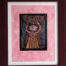 Artwork: Depiction of harvest - woman with heart, reaching for fruits. Hand-touched linocut print on pink handmade paper