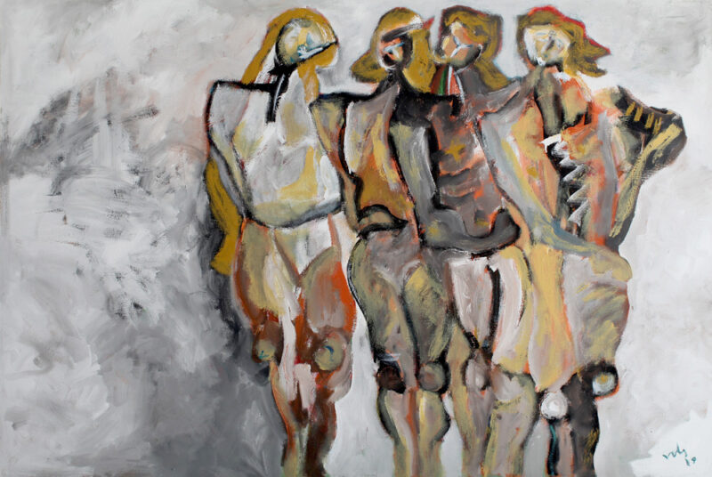 Painting of four women at a fashion show, featuring loose black brushstrokes and tones of ochre, orange, and creamy yellow on a gray background.