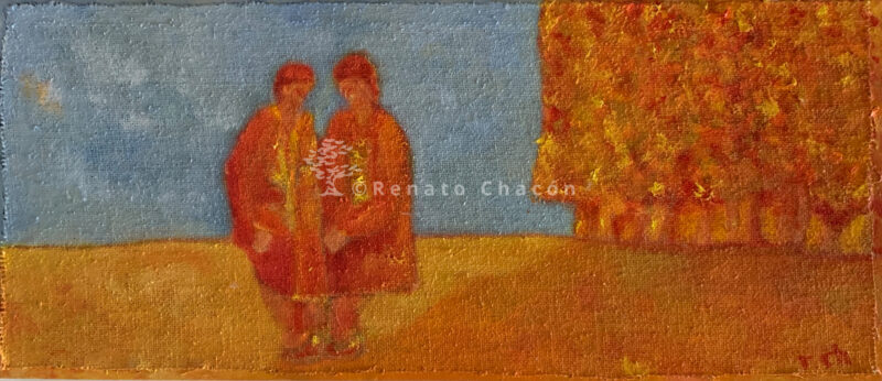 Horizontal oil painting on jute showing a couple, trees, and a blue sky with loose brushstrokes and yellow tones over a bluish-grey background