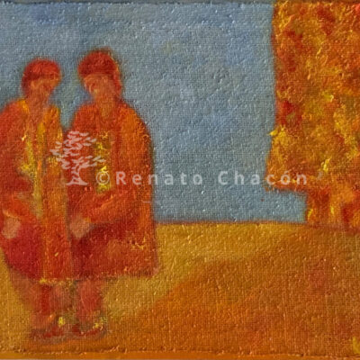 Horizontal oil painting on jute showing a couple, trees, and a blue sky with loose brushstrokes and yellow tones over a bluish-grey background