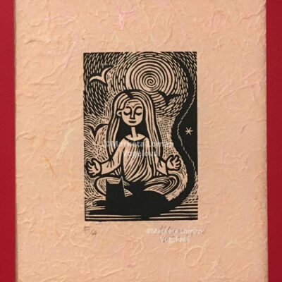 Linoleum print artwork: Woman meditating in lotus position with a black cat silhouette and celestial motifs, printed on peach-toned handmade paper