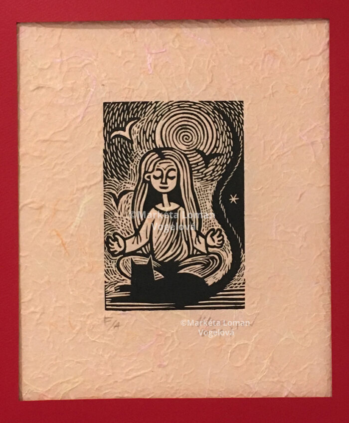 Linoleum print artwork: Woman meditating in lotus position with a black cat silhouette and celestial motifs, printed on peach-toned handmade paper