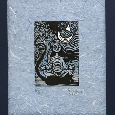 Night Meditation Cat Linocut Print on Handmade Blue Paper, 28x23 cm, Serene Artwork