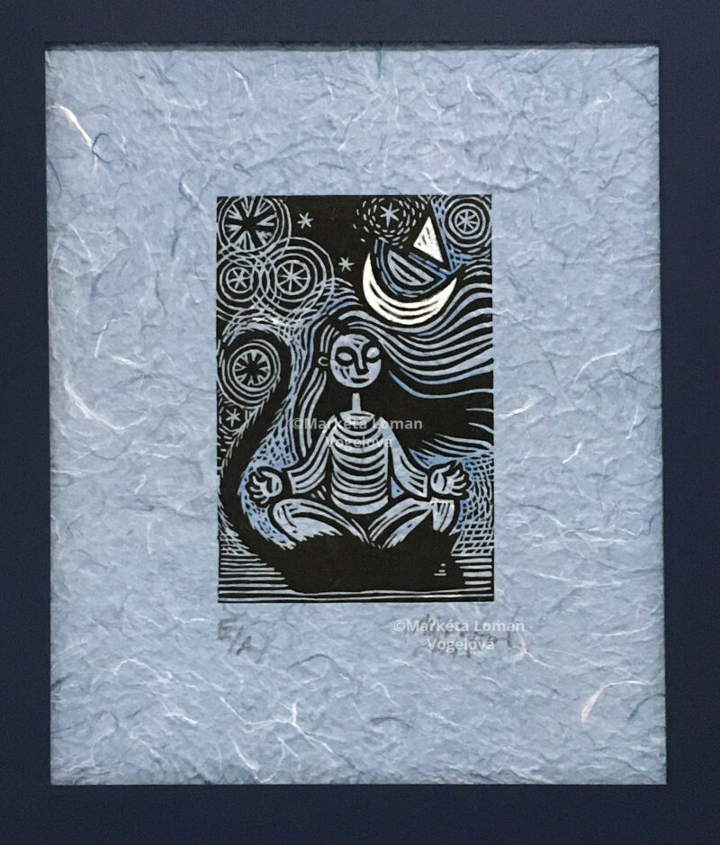 Night Meditation Cat Linocut Print on Handmade Blue Paper, 28x23 cm, Serene Artwork