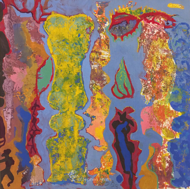 Green harmony, square abstract painting with green, yellow, pink, and blue tones and two floating green leaves.
