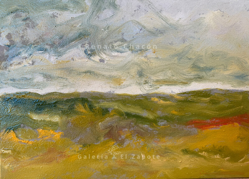 Small-format oil painting representing a green field and blue sky with loose brushstrokes in yellow and green tones