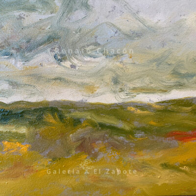 Small-format oil painting representing a green field and blue sky with loose brushstrokes in yellow and green tones