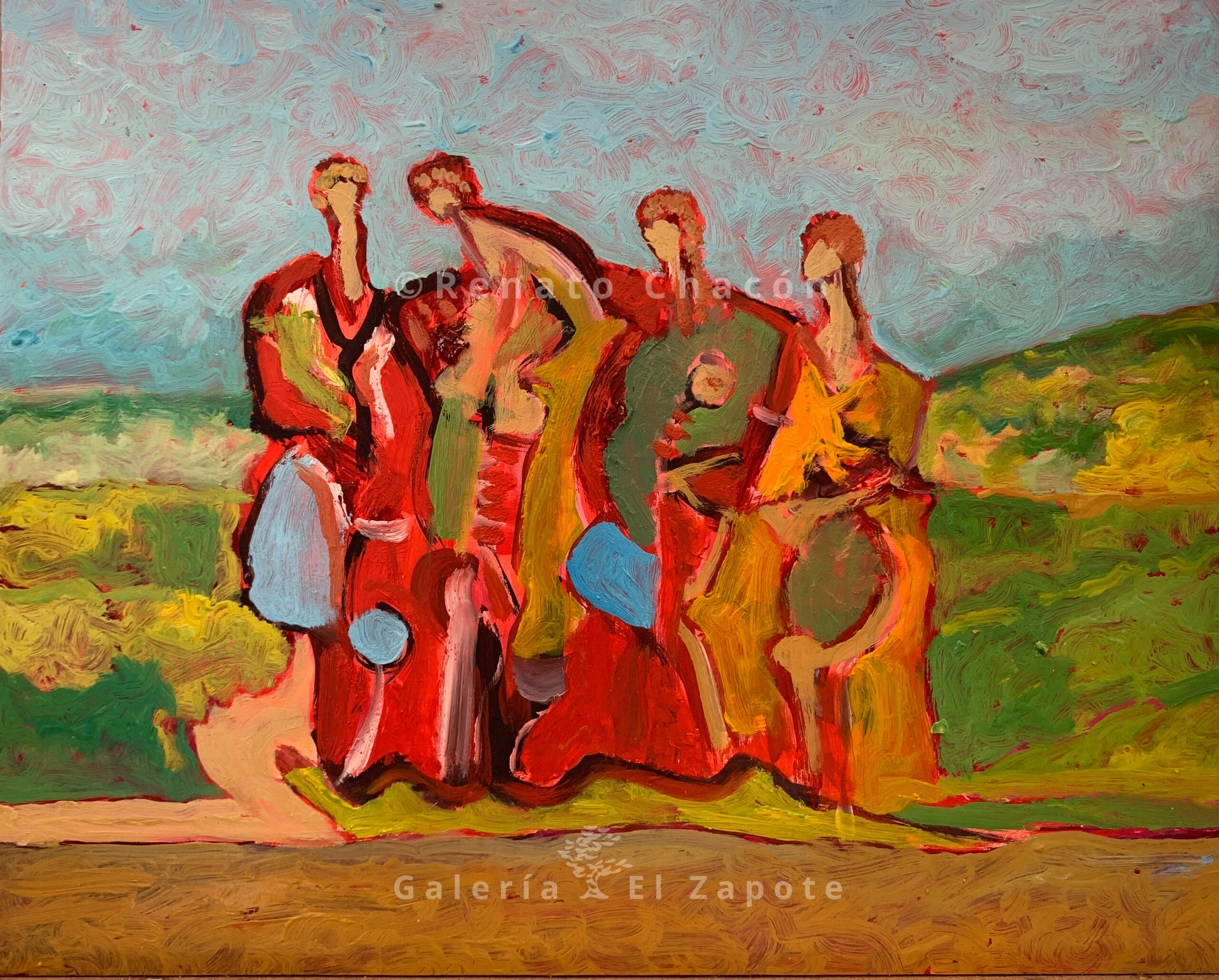 Oil painting depicting a group of people, faces and details are not defined, green landscape in the background