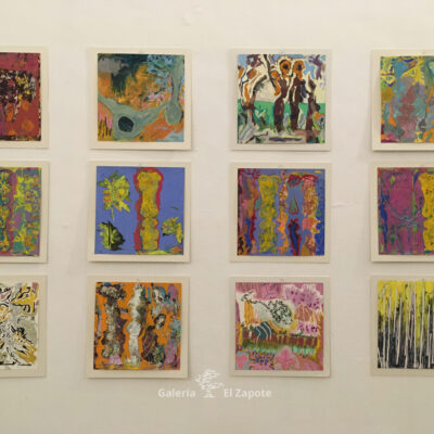 Twelve small abstract paintings by Stephen Aiken featuring vivid colors and irregular shapes.