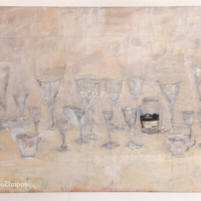 Oil and charcoal painting on canvas showing a group of crystal glasses and cups on a table, tinted pink and yellow background.