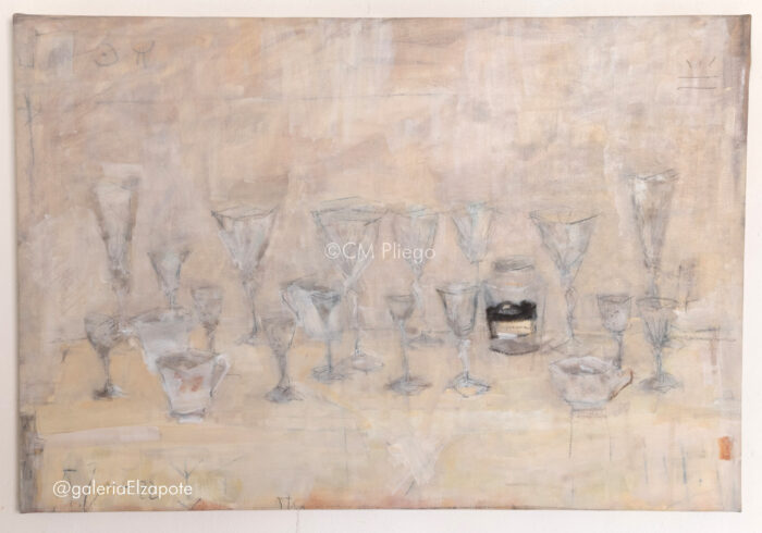 Oil and charcoal painting on canvas showing a group of crystal glasses and cups on a table, tinted pink and yellow background.