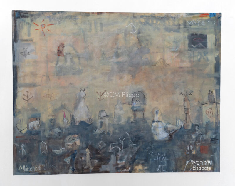 Mixed media painting with subtle figures and creamy yellow tones by CM Pliego, part of the Gold series.