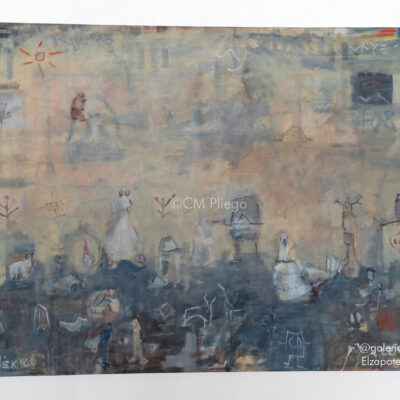 Mixed media painting with subtle figures and creamy yellow tones by CM Pliego, part of the Gold series.