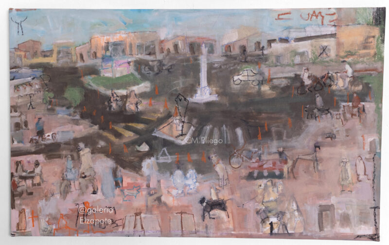 Painting on canvas depicting a panoramic view of Paseo de Montejo in Merida through loosen brushstrokes, describing the everyday life of people with a touch of fantasy