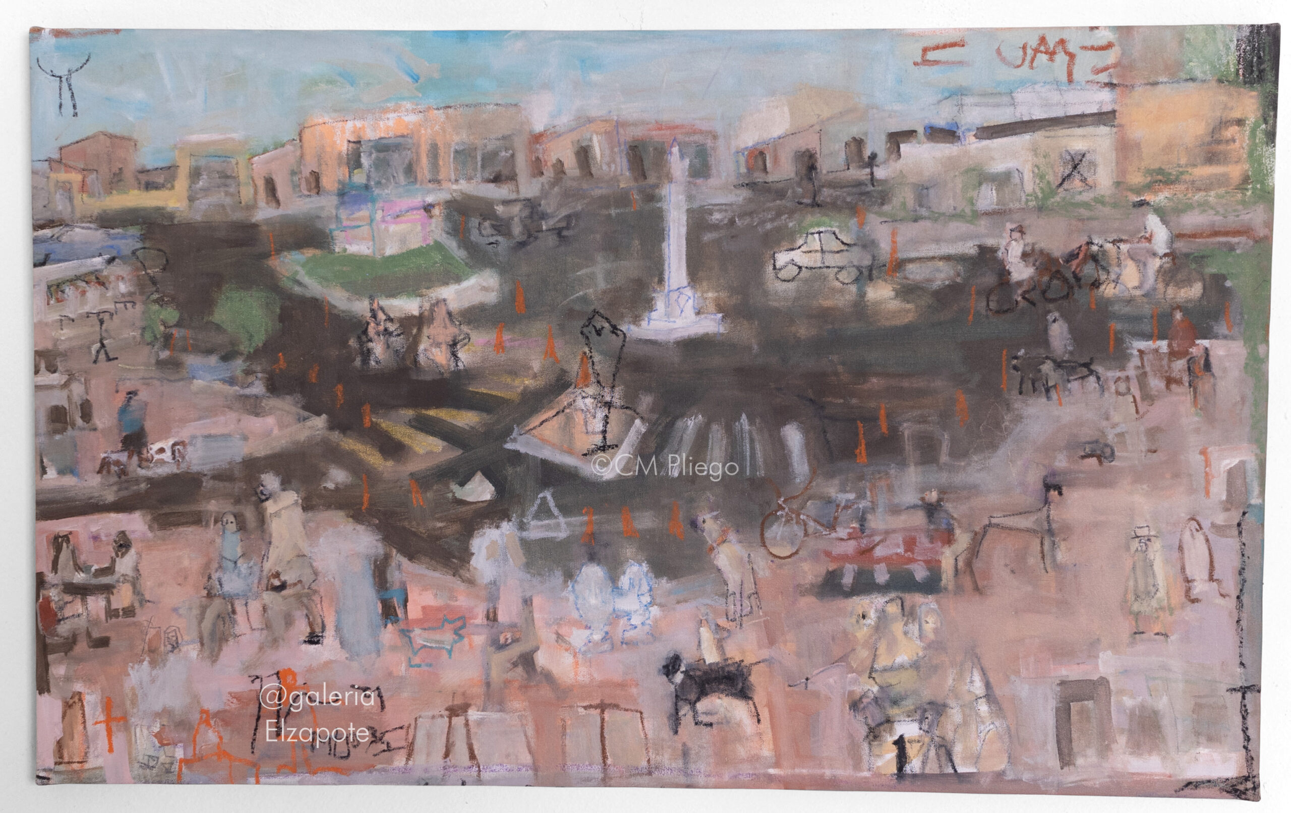 Painting on canvas depicting a panoramic view of Paseo de Montejo in Merida through loosen brushstrokes, describing the everyday life of people with a touch of fantasy