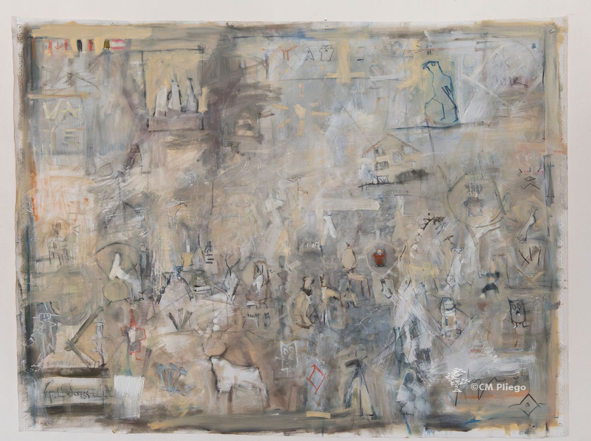 Artwork 'Alux': Urban scene with houses, characters, and warm tones, mixed media on canvas, 96.5x130 cm, created in 2022. Click on the photo to purchase.
