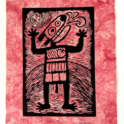 Naive-style linocut print: praying coyote inspired by Shoshone myths, high contrast black ink on red handmade paper