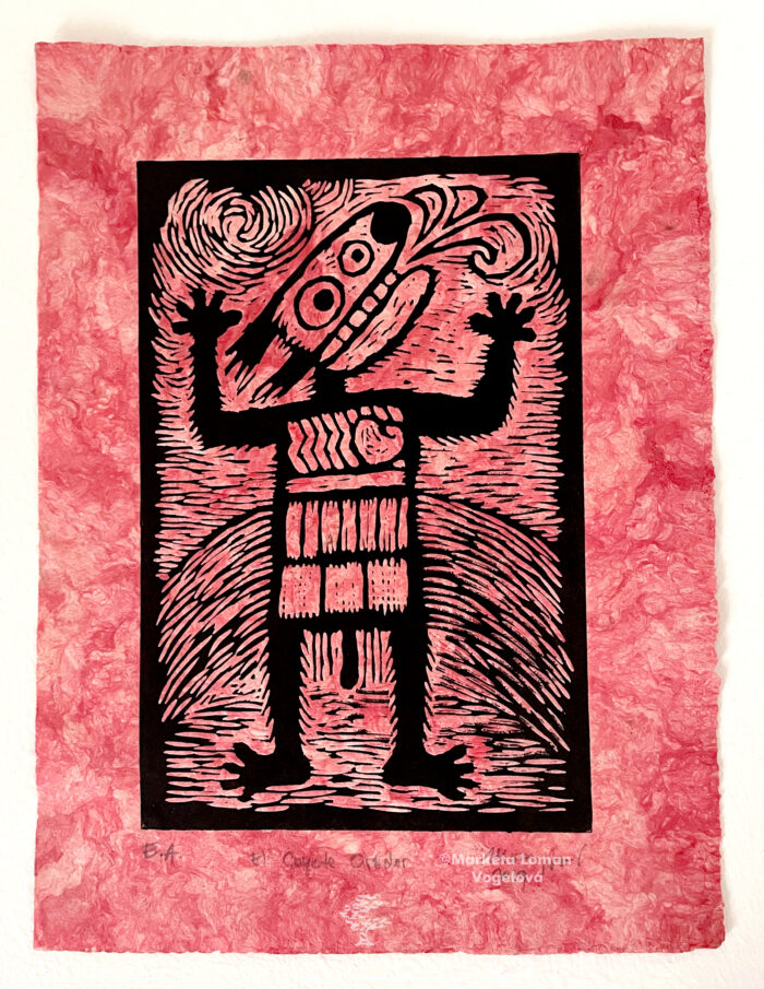 Naive-style linocut print: praying coyote inspired by Shoshone myths, high contrast black ink on red handmade paper