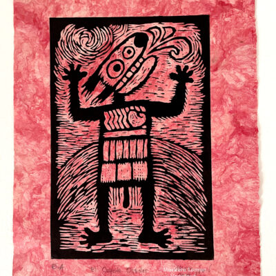 Naive-style linocut print: praying coyote inspired by Shoshone myths, high contrast black ink on red handmade paper