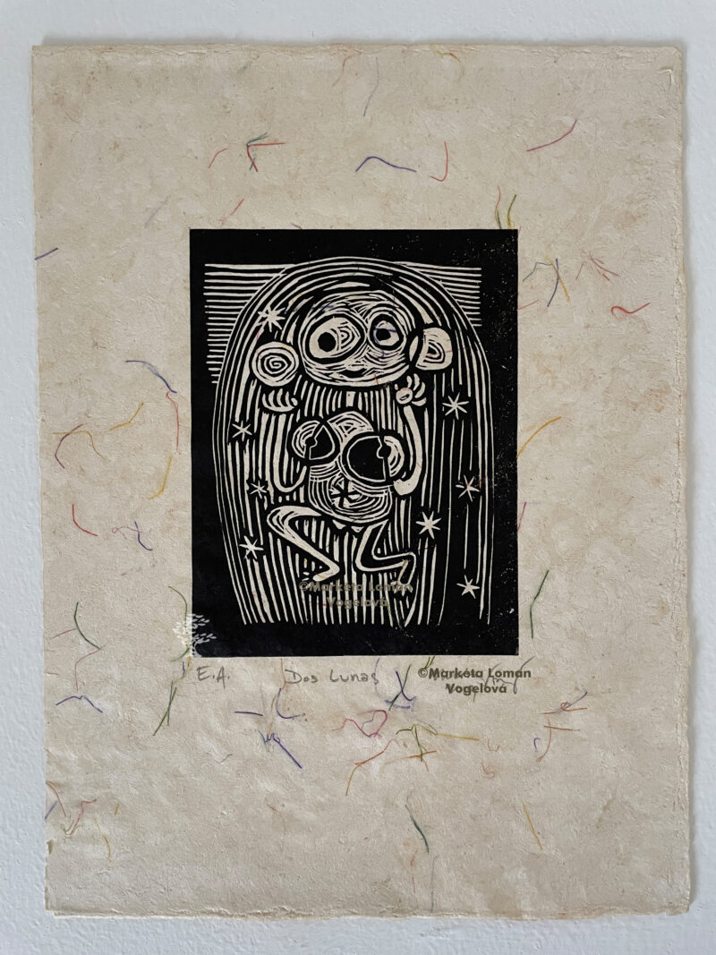 Click to enlarge: Serene nude woman amidst starry night, Shoshone-inspired linocut print on handmade paper