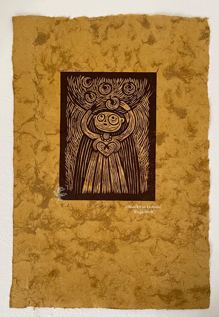 Artwork: Depiction of harvest - woman with heart, reaching for fruits. Hand-touched linocut print on pink handmade paper