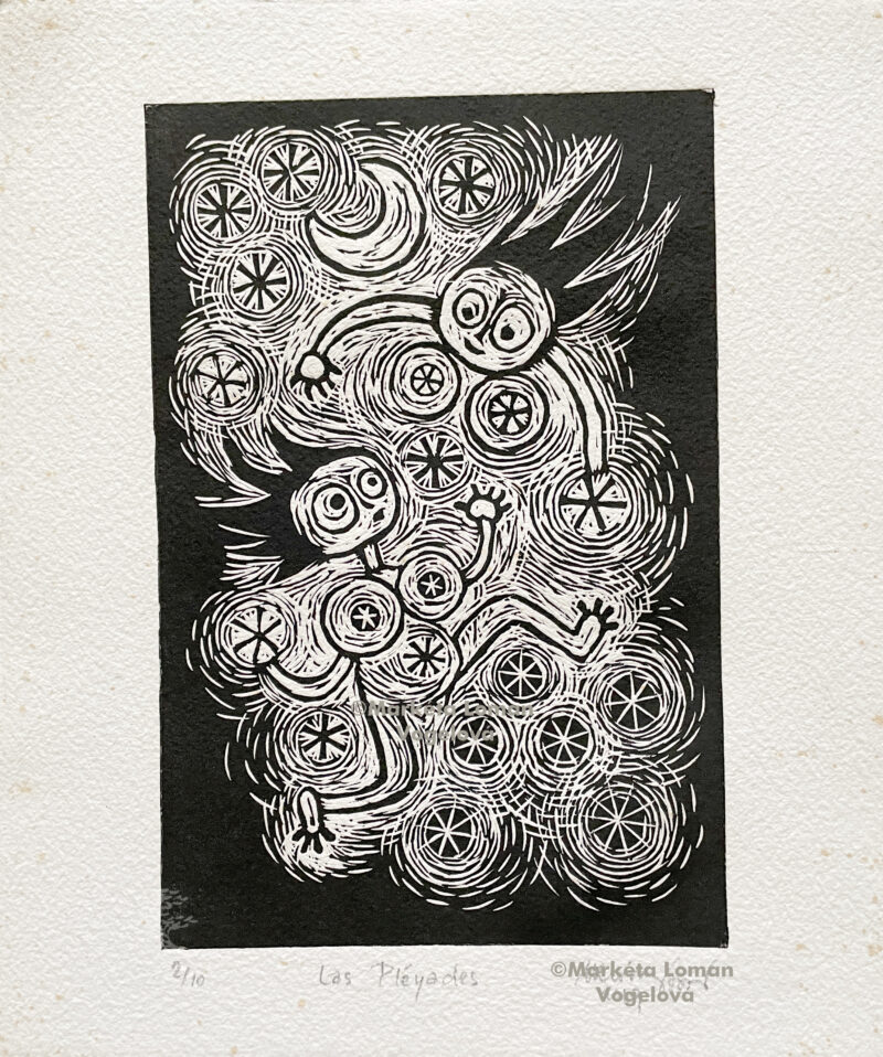 Naive-style artwork: Pleiades myth depiction in high contrast linocut print. Naked Pleiades amidst stars on black handmade paper.