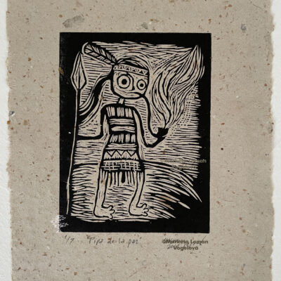 Shoshone-inspired character art: feathered headdress, spear, and peace pipe. Linocut print on handmade paper, black ink