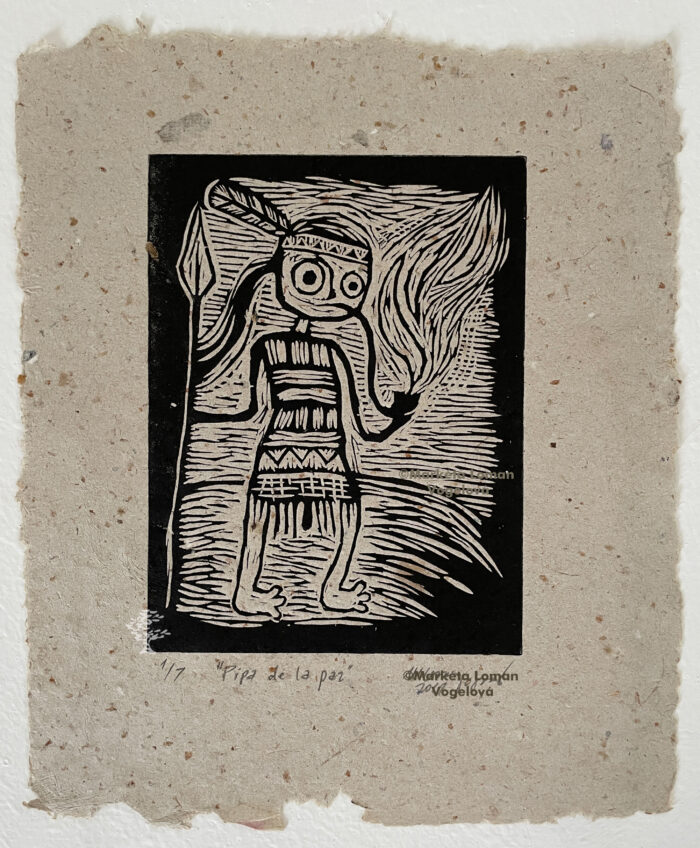 Shoshone-inspired character art: feathered headdress, spear, and peace pipe. Linocut print on handmade paper, black ink