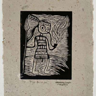 Naive-style linocut of man with peace pipe by Marketa Loman visual artist