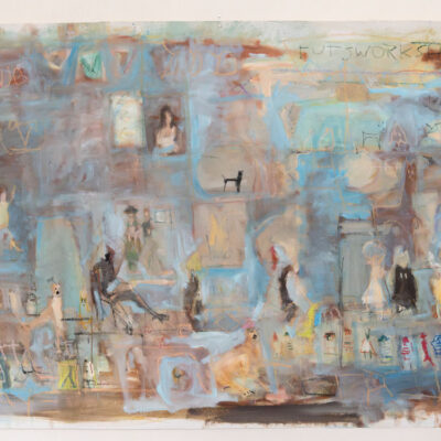 Canvas painting in a panoramic format with a dominance of blue tones, and turquoise and brown. Using splatters and loose strokes, the artist incorporates human figures, dogs, and cats, along with some comic book characters and recurring symbols found in their other works. Click on the photo to purchase.