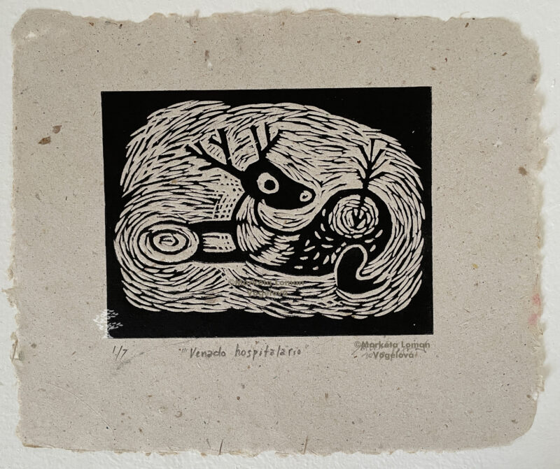 Charming deer artwork: white cutout on black background, hunting arrow mark. Linocut print on handmade paper
