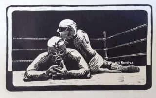 Artwork titled 'Encuentro': Depiction of iconic Mexican wrestlers, El Gladiador vs Super Astro, blending tradition with modernity, one holding a cellphone