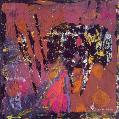 Midnight Gleam Aiken, abstract square painting with soft brown, purple, and pink tones over a dark background.