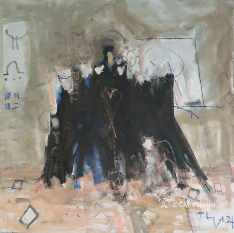 Acrylic painting of a man in a studio with cats, using loose brushstrokes, dark tones, and soft green and pink background