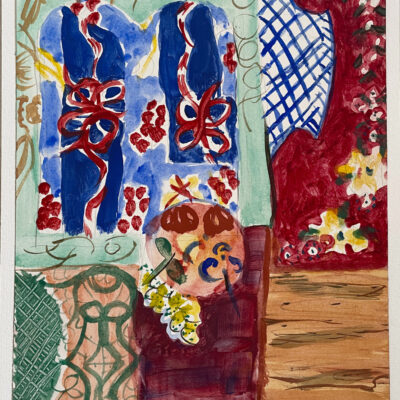 Painting of gouache on paper inspired by Oaxaca with green figures contrasting reddish-brown tones, yellow and blue flowers highlighted with loose brushstrokes