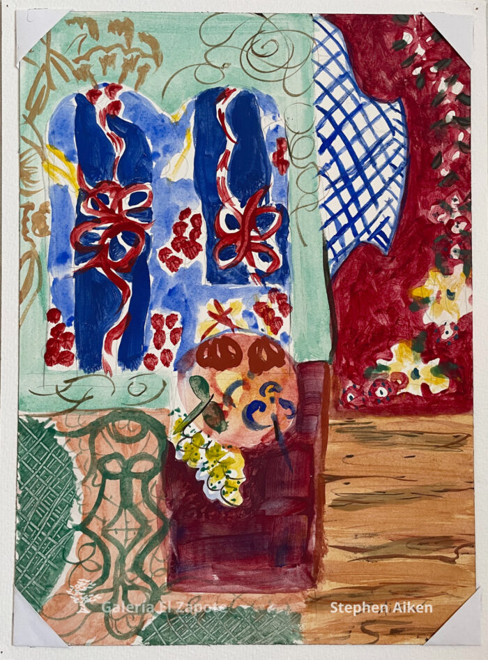 Painting of gouache on paper inspired by Oaxaca with green figures contrasting reddish-brown tones, yellow and blue flowers highlighted with loose brushstrokes