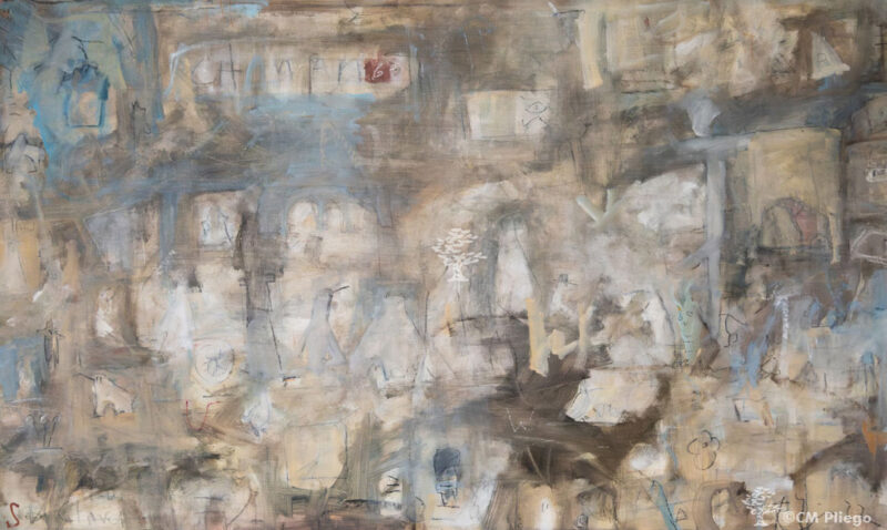 Dreamlike canvas painting with creamy and blue tones, faint figures, and the word “Champagn” written at the top.