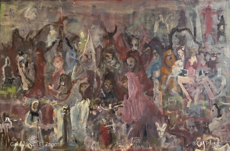 Painting on canvas showing dreamlike figures gathered at the center, rendered with loose brushstrokes in chocolate tones and creamy whites.