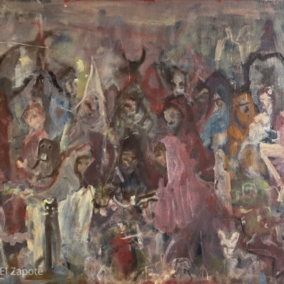 Painting on canvas showing dreamlike figures gathered at the center, rendered with loose brushstrokes in chocolate tones and creamy whites.