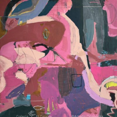 Abstract mixed media painting in bright pink and brown tones, inspired by an inner garden and the artist’s creative reflections.