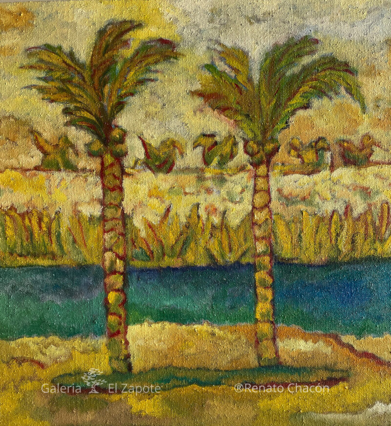 Oil painting of two tall palm trees with a background of water in blue and green tones, and a yellow-cream palette. Loose brushstrokes suggest movement and depth.