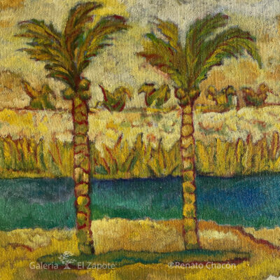 Oil painting of two tall palm trees with a background of water in blue and green tones, and a yellow-cream palette. Loose brushstrokes suggest movement and depth.