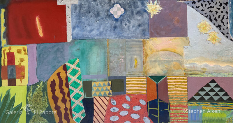 Abstract canvas painting with nature-inspired shapes, balancing cool blue and purple tones with warm hints of yellow and orange.