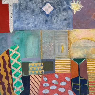 Abstract canvas painting with nature-inspired shapes, balancing cool blue and purple tones with warm hints of yellow and orange.