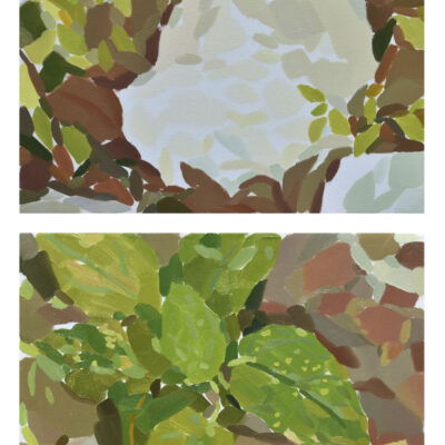 Vertical diptych painting of a ciricote tree with segmented brushstrokes and a palette of green, yellow, gray, and brown, painted en plein air.