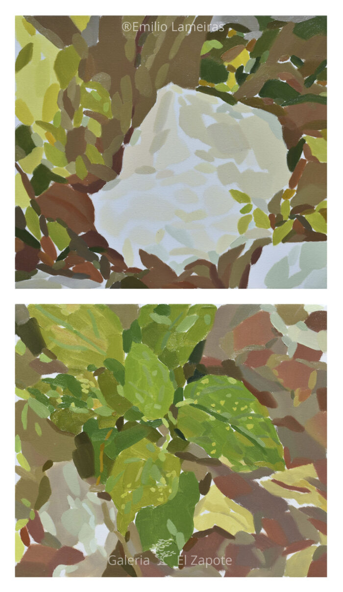 Vertical diptych painting of a ciricote tree with segmented brushstrokes and a palette of green, yellow, gray, and brown, painted en plein air.
