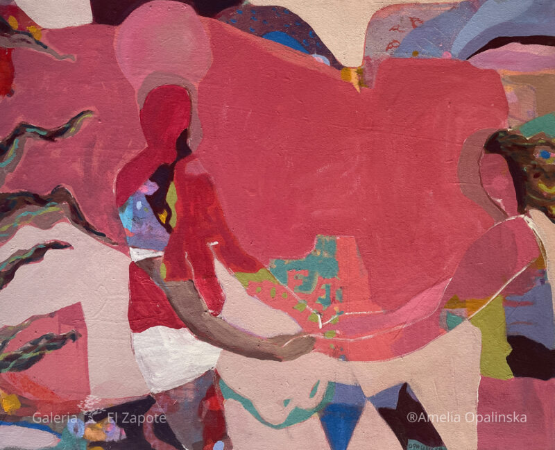 Painting depicting a faceless couple dancing while holding hands, highlighted by a captivating mix of pink, brilliant blue, and green hues.