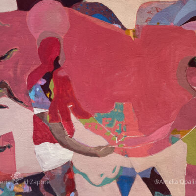 Painting depicting a faceless couple dancing while holding hands, highlighted by a captivating mix of pink, brilliant blue, and green hues.