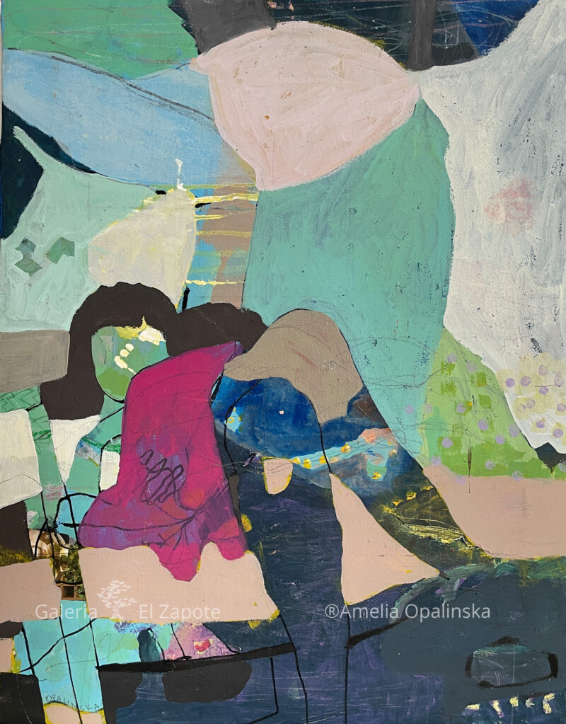 Figurative painting by Amelia Opalinska of a person sewing, featuring non-realistic lime green, turquoise, and magenta tones on canvas.